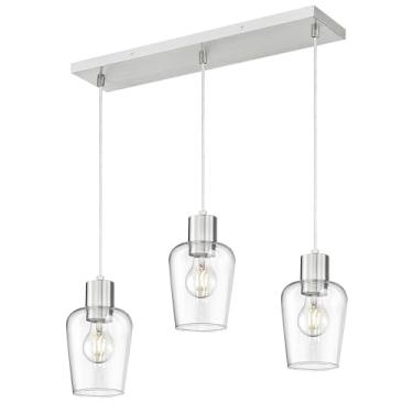 Imagem de LMS Luminária de sala de jantar de níquel escovado, luzes de ilha de vidro transparente de 3 luzes, lustres lineares de fazenda para luminárias pendentes de ilha de cozinha, LMS-123SPL-BN3