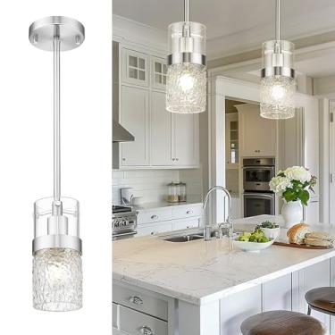Imagem de LMS Luzes pendentes de níquel escovado ilha de cozinha, luminária pendente de vidro moderno de 1 luz com vidro martelado, mini luminária suspensa ajustável para banheiro de pia de ilha de cozinha, LMS