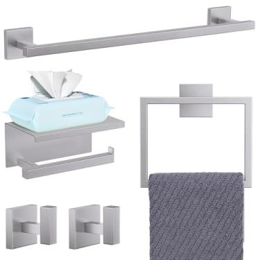 Imagem de YACVCL Conjunto de acessórios de banheiro de níquel escovado com 5 peças, conjunto de barra de toalha, suporte de papel higiênico atualizado com prateleira, conjunto de ferragens de banheiro de aço