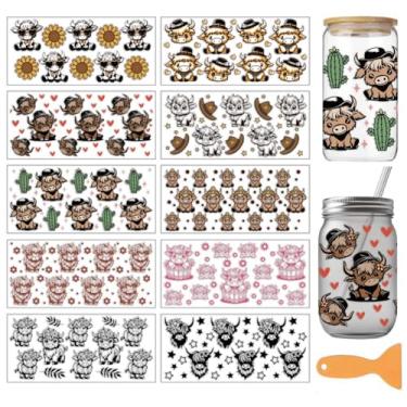 Imagem de arricraft 10 folhas Highland Cattle Theme UV DTF Cup Wrap para vidro de 473.6 g, chapéu de cacto, girassol padrão esfregar em decalques adesivos de transferência de PVC para copos DIY madeira funiture