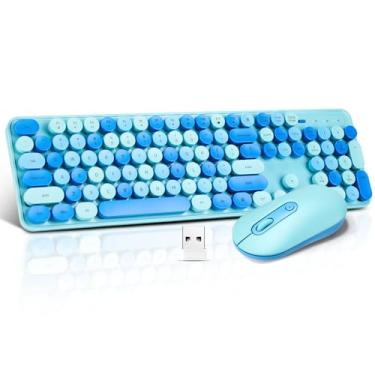 Imagem de Conjunto de teclado e mouse sem fio, compacto e silencioso, sem fio, conjunto de teclado e mouse de 2,4 G, ultrafino, design elegante para Windows, desktop, PC, notebook, laptop, teclas redondas, azul
