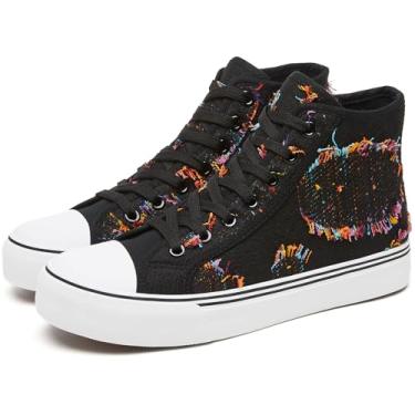 Imagem de yageyan Tênis feminino de lona de cano alto com cadarço para mulheres, casual, clássico, Bordado preto, 35