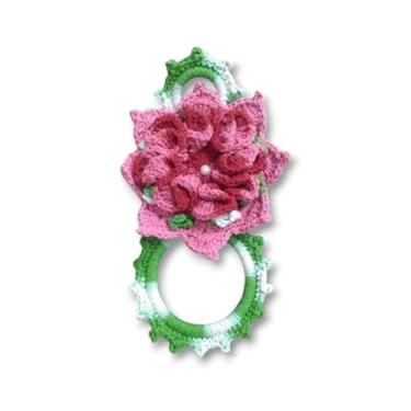 Imagem de Porta Pano de Prato Decorativo com Flor Colorida em Crochê Artesanal, Suporte de Parede para Cozinha (Flor Rosa)