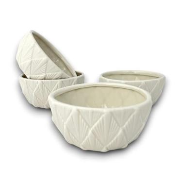 Imagem de 04 Bowl Tigela Cumbuca Cerâmica Branca Geométrico Pequeno