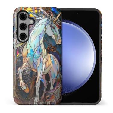 Imagem de CARLOCA Compatível com Samsung Galaxy S24 Plus Capa protetora de corpo inteiro brilhante para meninas meninos à prova de choque moda estética padrão colorido vitral branco unicórnio