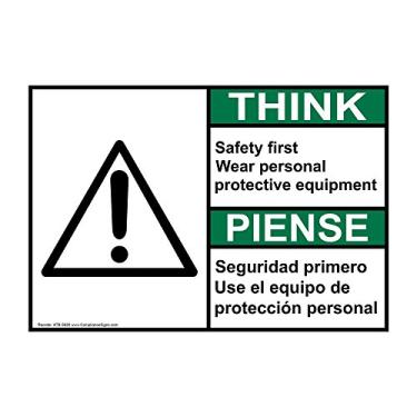 Imagem de ComplianceSigns. com THINK Safety First Wear Equipamento de Proteção Pessoal Inglês + Espanhol Placa de Segurança ANSI, 25,4 x 17,8 cm Plástico para EPI