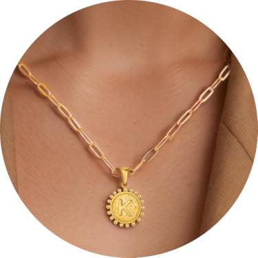 Imagem de Colar com pingente circular inicial A-Z, joia personalizada de aço inoxidável com bordas decorativas, adequado para mulheres, F, Aço inoxidável, Sem Pedra Preciosa