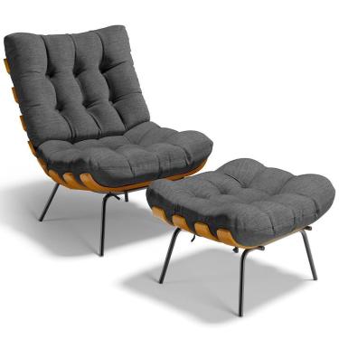 Imagem de Poltrona Costela L02 Com Puff Sala De Estar Linho Cinza Escuro - Lyam Decor