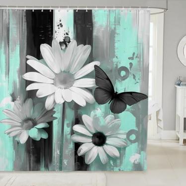 Imagem de jejeloiu Cortina de chuveiro para meninas margaridas para decoração de banheiro 183 cm x 198 cm cortina de banho infantil borboleta floral para meninos mulheres adolescentes azul-petróleo preto