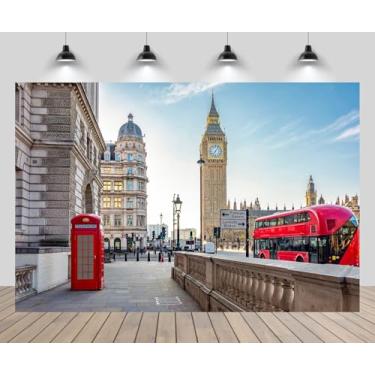 Imagem de CHNYWORK 2,1 x 1,5 m London Street Pano de fundo vermelho caixa telefônica de dois andares ônibus parlamento quadrado Big Ben relógio torre fundo Europa Reino Unido viagem aniversário festa de