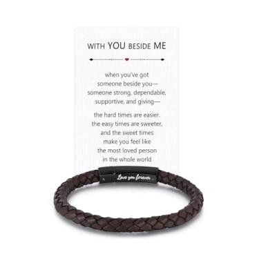 Imagem de Pulseira masculina trançada de couro genuíno para presente para homens, pai, marido, namorado, filho, neto, irmão, sobrinho, tio, preto, aço inoxidável, gravada com Love You Forever, joia 19,5 | 22,5