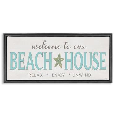 Imagem de Stupell Industries Arte de parede em tela flutuante com moldura dourada Relax Enjoy Unwind Beach House, design da Seven Trees Design, 28 x 63 cm
