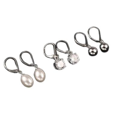 Imagem de Conjunto de 3 pares de brincos femininos de ouro 14 k com fecho de alavanca, zircônia cúbica, pérola, fecho de alavanca, 1, Latão, Sem pedra preciosa