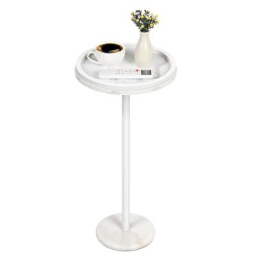 Imagem de Shinoske Mesa de bebida, pequena mesa lateral redonda, base e tampo de mármore branco, mesa lateral moderna com pedestal de martini para espaços pequenos, sala de estar, quarto, varanda