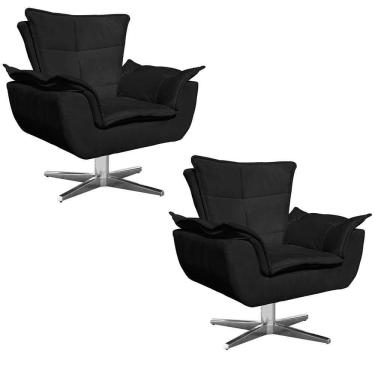 Imagem de Kit 2 Poltronas Decorativas Sala De Estar Base Giratória Cromada Opla Suede Preto - Ibiza