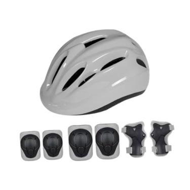 Imagem de menolana Capacete de bicicleta infantil com joelheiras, cotoveleiras, munhequeiras ajustáveis, confortáveis ​​e portáteis de 18,90 a 20,47 polegadas para skate, Cinza