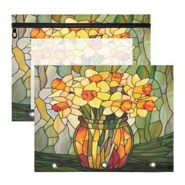 Imagem de SEHANY Pasta de lápis de flores de jardim com 3 anéis - bolsa de documentos com zíper tamanho A4 com janela transparente para sala de aula, escritório, 2 peças