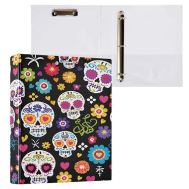 Imagem de Blueangle Fichário de 3 anéis de flor de caveira de açúcar com prancheta e 2 bolsos - Organizador de documentos decorativos de 3 cm para escritório, suprimentos para reuniões (515)