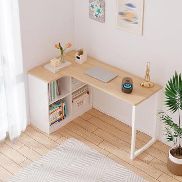 Imagem de Yadlan Kids L Shaped Desk with Storage, Corner Desk for Small Space Kids, Children Study Desk and Writing Table, L-Shaped Corner Home Office Study Laptop Pc Work Table Wood Color 120cm Left