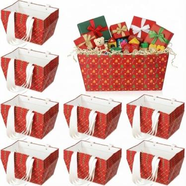 Imagem de Pinkunn 48 peças de cesta de Natal para presentes vazios, cestas vazias com alça, bandeja de papelão Kraft Market para embrulho de presente de Natal (padrão clássico, 25 x 16,5 x 11 cm)
