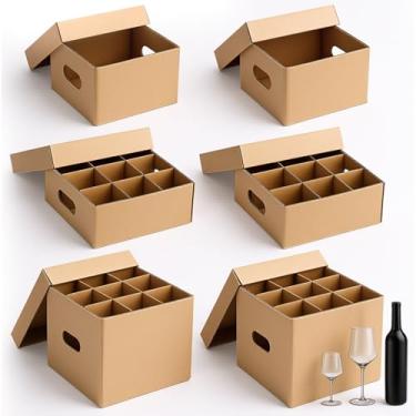 Imagem de Tatuo Conjunto de 6 caixas de mudança de copo de vinho com 3 tamanhos com divisória, caixas de mudança de cozinha com alça e tampa, kits de embalagem de vidro para pratos de vidro, vinho (12 x 12 x 10