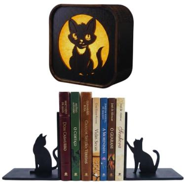 Imagem de Kit Par de Aparadores de Livros em Madeira Antiderrapante + Luminária de Mesa Decorativa LED Decoração Temática para Estantes e Quarto Cantinho de Leitura Gato