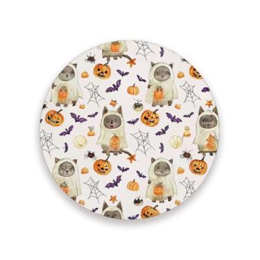 Imagem de JUZIHAI Conjunto de 4 porta-copos assustadores de Halloween, porta-copos redondos de pedra de cerâmica absorvente de 9 cm com base de cortiça, tapete de proteção de mesa para cozinha, bar, decoração