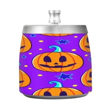 Imagem de Qilmy Cinzeiro de aço inoxidável padrão de Halloween com tampa - Cinzeiro de cigarro à prova de vento sem cheiro sem fumaça para casa, escritório, carro, pátio, varanda (uso interno e externo)