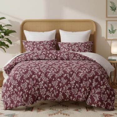 Imagem de Jolusere Conjunto de edredom floral, Queen, 3 peças, bordô, design listrado reversível, 1 edredom floral elegante com 2 fronhas, microfibra supermacia
