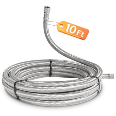 Imagem de MACHOSSY Linha de água de geladeira de 3 m, mangueira de água trançada de aço inoxidável premium para máquina de gelo, tubo interno PEX de grau alimentício, linha de água de geladeira de aço