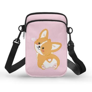 Imagem de CLOHOMIN Bolsa transversal para celular, mini bolsa tiracolo feminina e masculina com bolsos com zíper, Corgi rosa