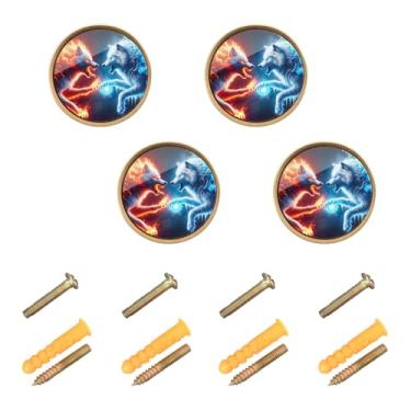 Imagem de ODAWA Fire Ice Wolf Red Blue Pacote com 4 puxadores decorativos de armário e puxadores para cozinha, banheiro, ferragens com parafuso