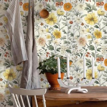 Imagem de JiffDiff Papel de parede floral Peel and Stick, papel de contato para banheiro 43,9 cm x 304,8 cm Papel de parede Boho neutro para aluguel de apartamento cobrindo armários de parede decorativos
