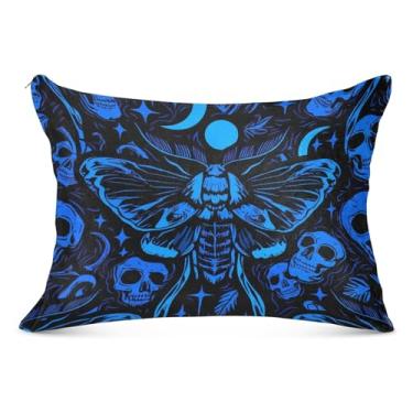 Imagem de Capa de almofada decorativa com estampa de caveira de mariposa preta e azul com zíper padrão de luxo Queen King para o corpo, tamanho padrão, 51 x 66 cm