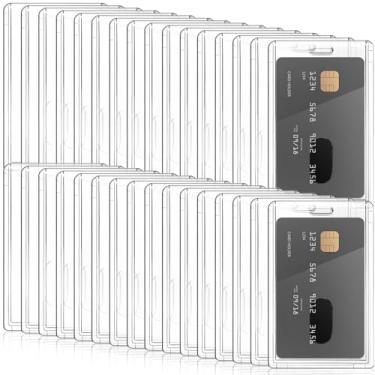Imagem de 36 porta-crachás de plástico rígido vertical transparente com compartimento para polegar - Capa protetora de cartão de plástico resistente à prova d'água para escritório, hospital, escola, cordões e