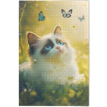 Imagem de Quebra-cabeça fofo Ragdoll para adultos, grama de gato, 1000 peças, decoração de arte animal, quebra-cabeças interessantes, presentes de elefante branco personalizados, engraçado, 75 x 50 cm