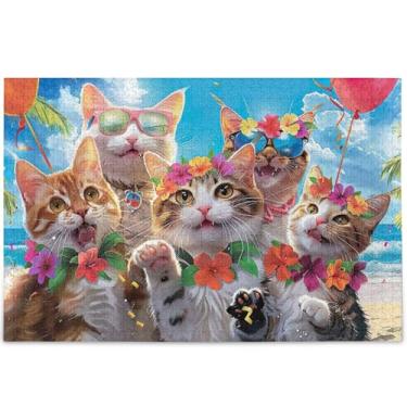 Imagem de Quebra-cabeças havaianos engraçados de gatos sorridentes, 1000 peças, presentes tecnológicos para amantes, arte de quebra-cabeça, arte de animais, flor, 75 x 50 cm