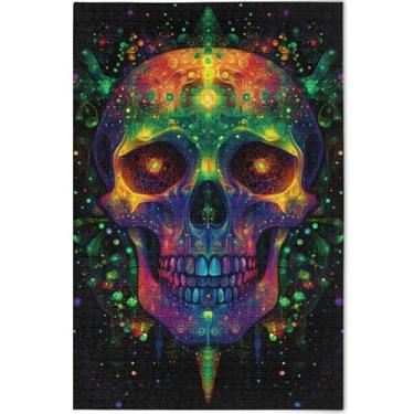 Imagem de Quebra-cabeças com design psicodélico crânio preto 500 peças adultos divertidos bobos legais grandes pinturas personalizadas de belas artes, 52 cm x 37,8 cm