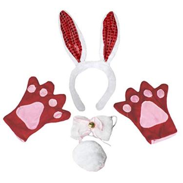Imagem de Petitebella Tiara de coelho com orelhas de borboleta, luvas de cauda, 4 peças, fantasia 1-10 anos (lantejoulas brancas/vermelhas, 1-5 anos)