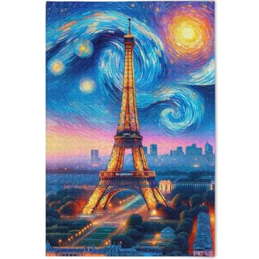 Imagem de Quebra-cabeça personalizado Torre Eiffel Paris noite estrelada quebra-cabeça 500 peças adultos pintura de arte floral quebra-cabeças exclusivos para adultos jogo engraçado, 52 cm x 37,8 cm
