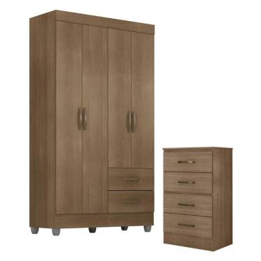 Imagem de Guarda Roupa Solteiro 4 Portas E Cômoda 4 Gavetas Lite Carvalho Oak - Móveis Leão