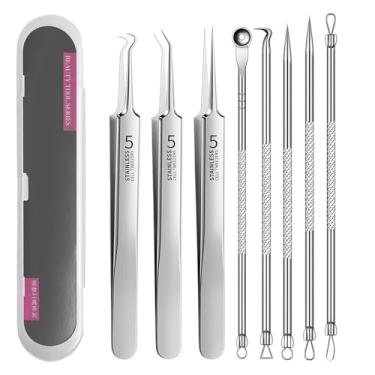 Imagem de 8 ferramentas de remoção de cravos, kit de ferramentas de espinha e extrator de comedões – Remoção profissional de acne, espinhas, manchas e pontos brancos para rosto e nariz, com estojo transparente