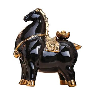 Imagem de WeiLaiKeQi Estatueta de Cavalo em Cerâmica, Lembrança de Ano Chinês, Ornamento de Mesa, Escultura de Cavalo para Centro de Mesa de Entrada, Cavalo Preto E Dourado