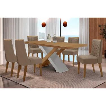 Imagem de Sala Jantar Mesa Imperatriz Tampo Curvo 180cm+6 Cadeiras Maldivas Madeira Naturale/Off White - Capuccino/Suede Capuccino - Rufato