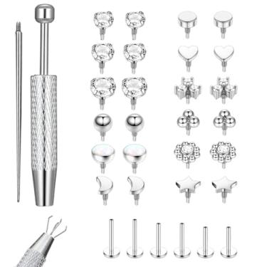 Imagem de Brincos de pino plano 16G para mulheres e homens, aço inoxidável cirúrgico 316L rosca interna tragus helix cartilagem concha nariz medusa piercing joia com piercing bola agarrador ferramenta