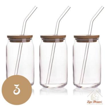 Imagem de Copo de Vidro 500ml com Tampa Bambu e Canudo Reutilizável para Bebidas