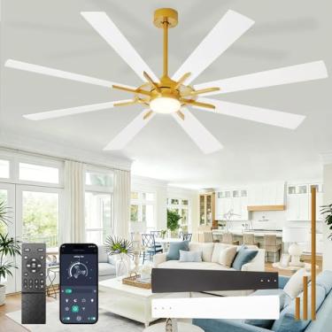 Imagem de BvenuBigLite Ventiladores de teto grandes com luzes: Ventilador de teto externo moderno de 182 cm com 8 lâminas com controle remoto de aplicativo - Luz de ventilador grande em ouro branco regulável