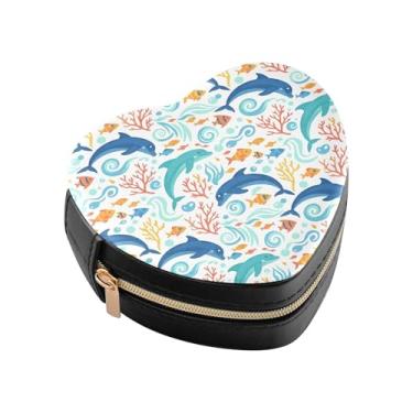 Imagem de Burbuja Caixa de joias em forma de coração de golfinho mini estojo de joias de viagem para mulheres e meninas, estojo portátil organizador de armazenamento para brincos, anéis, colares e pulseiras