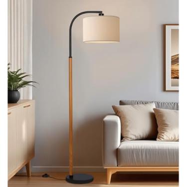 Imagem de FINNCHY Candeeiros de chão de arco preto marrom de 167 cm para sala de estar, luminária de piso de madeira com brilho de 3 níveis de 1200 lúmens para quarto, lâmpada de pé preta vintage de meados do