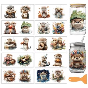 Imagem de arricraft 10 peças de adesivos de transferência de copo de PVC com tema de lontras, estampa de flor de lontras de leitura, à prova d'água, UV para copos de 473 ml, janela de vidro, decoração de